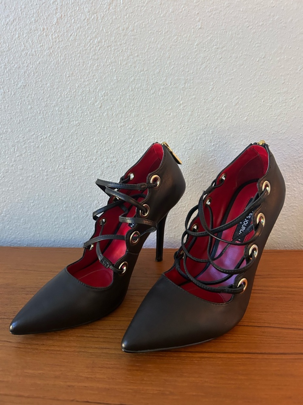 Charles Jourdan Black Pointed-Toe Strappy Pumps; Red Insole + Grommets (Size 7)
